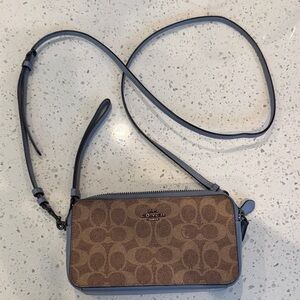 Coach Brown Signature Canvas Crossbody with Blue Trim
